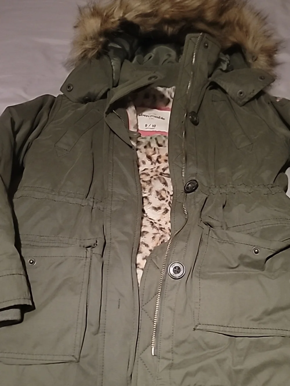 Abercrombie & Fitch Kids Olive Green Puffer Coat with Faux Fur Trim
